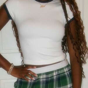 White Pajama Shirt with Touches of Navy on Neckline and Sleeves